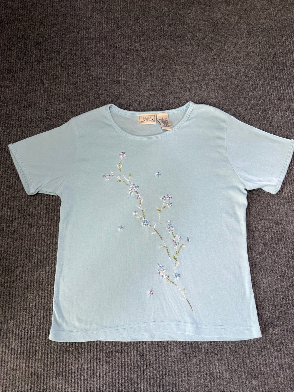 Vintage Basic Editions Light Blue Short Sleeve Tee with Floral Embroidery